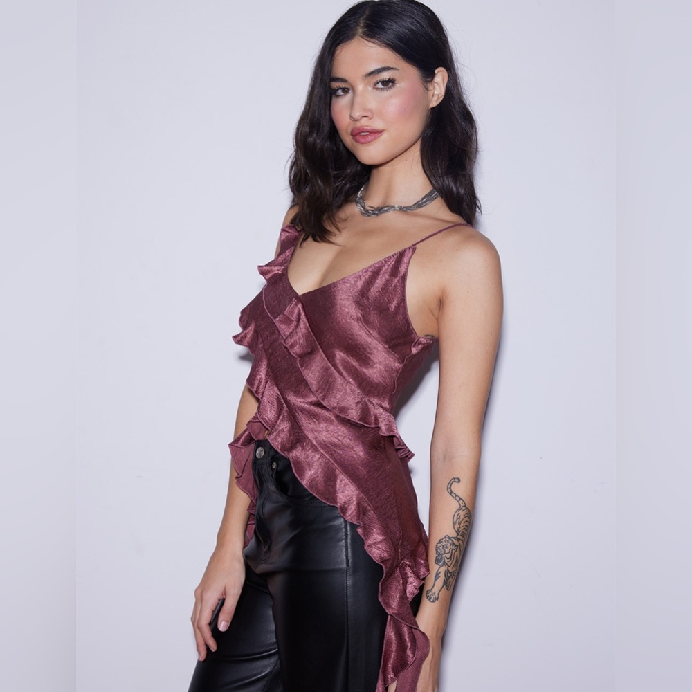 Tilly's West of Melrose Plum Satin Asymmetrical Ruffle Cami Top Size L